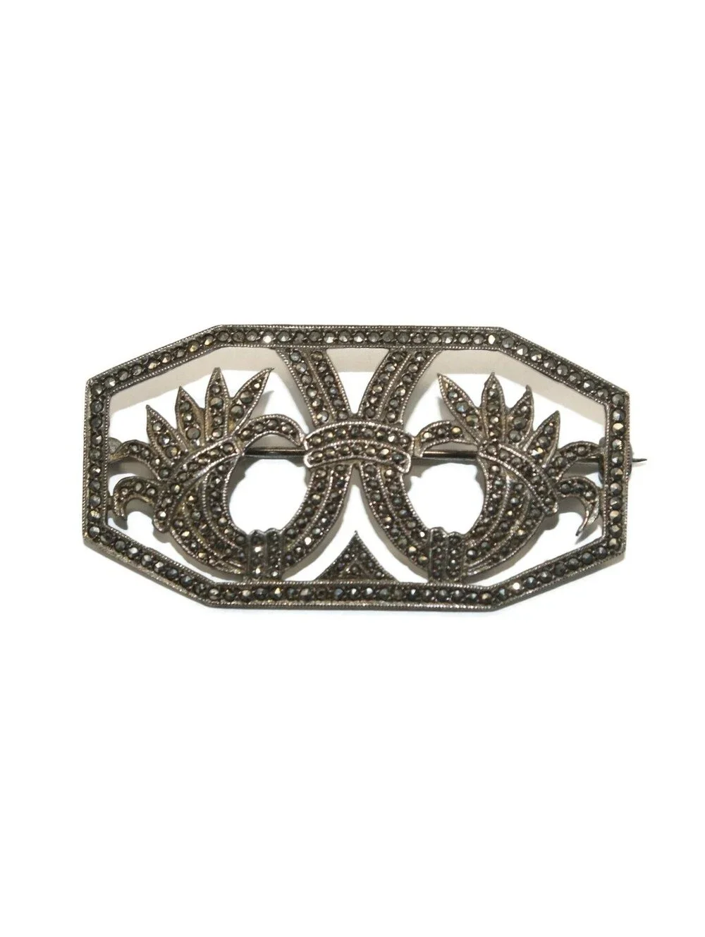 Art Deco Vintage Sterling Silver and Marcasite Floral Design Brooch.